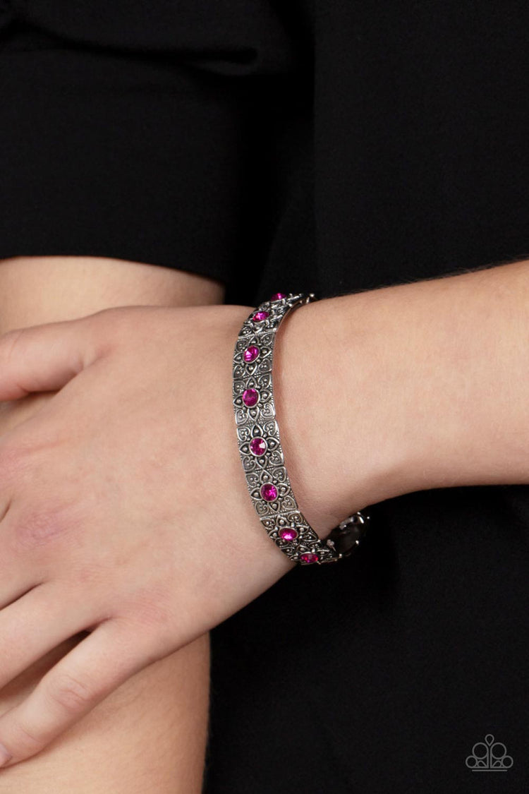 VENETIAN VALENTINE - PINK RHINESTONE SILVER STRETCHY BRACELET - PAPARAZZI