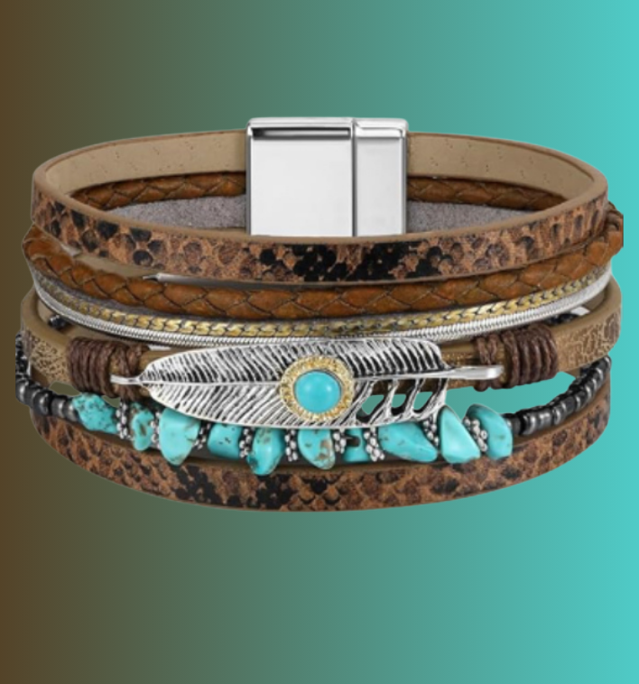 Turquoise Feathered Brown-Bohemian Bracelet