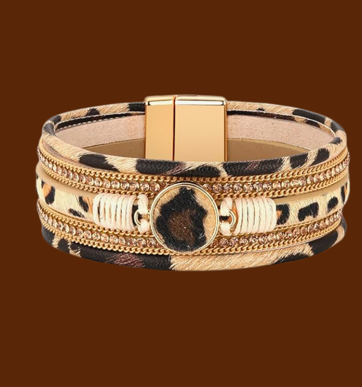 Buckle Design-Bohemian Brown Leopard Bracelet- Gold