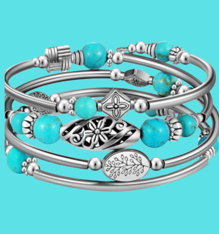 Bohemian Turquoise Silver-Coil Bracelet