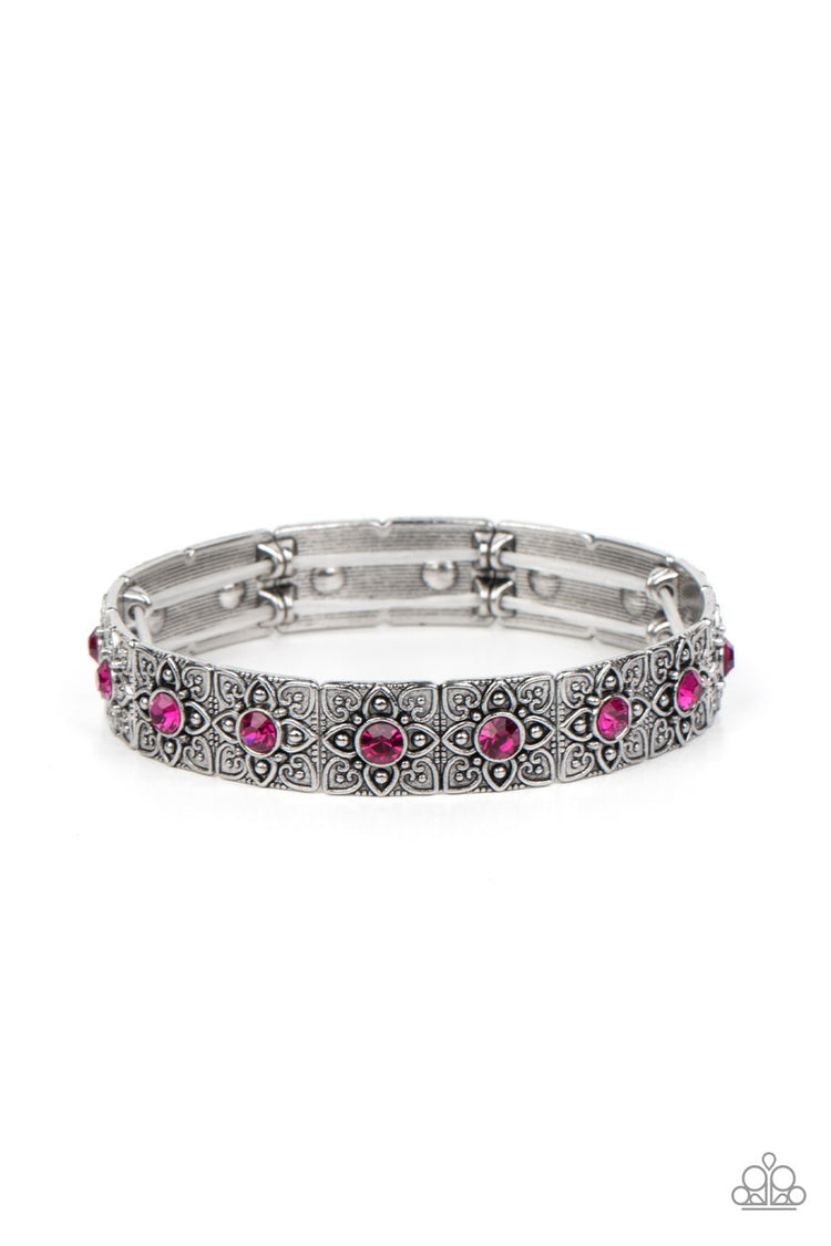 VENETIAN VALENTINE - PINK RHINESTONE SILVER STRETCHY BRACELET - PAPARAZZI