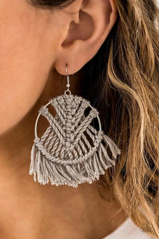 Paparazzi All About MACRAME - Gray Earrings