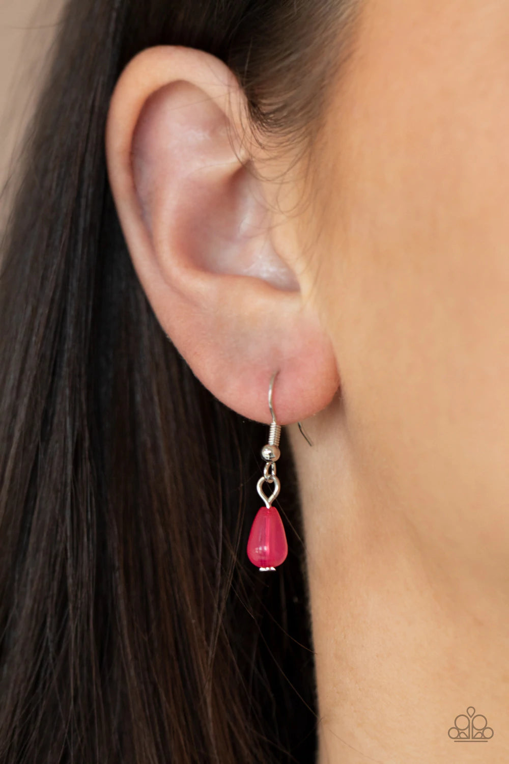 PINK GLASSY TEARDROP BEAD SILVER NECKLACE - PAPARAZZI