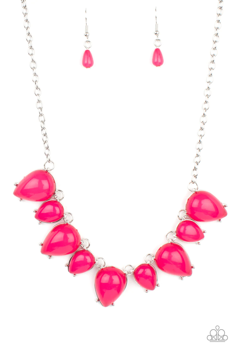 PINK GLASSY TEARDROP BEAD SILVER NECKLACE - PAPARAZZI